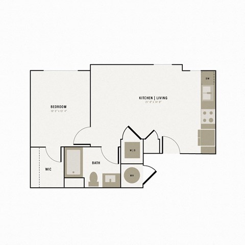 Floor plan for 1 bed, 1 bath, 603 sqft